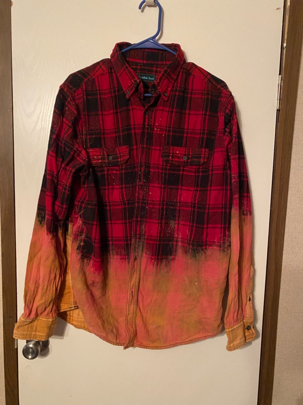 Red Plaid Long Sleeve Button-Up Shirt with Ombre Dip-Dye